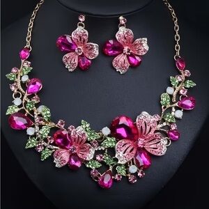 3 pcs New Fashion Rose Flower Colorful Necklace and Earrings Jewelry Set Pink